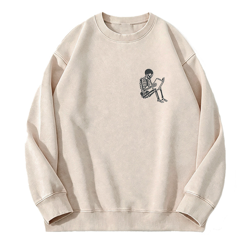 Embroidered Reading Skeleton Washed Crewneck Sweatshirt