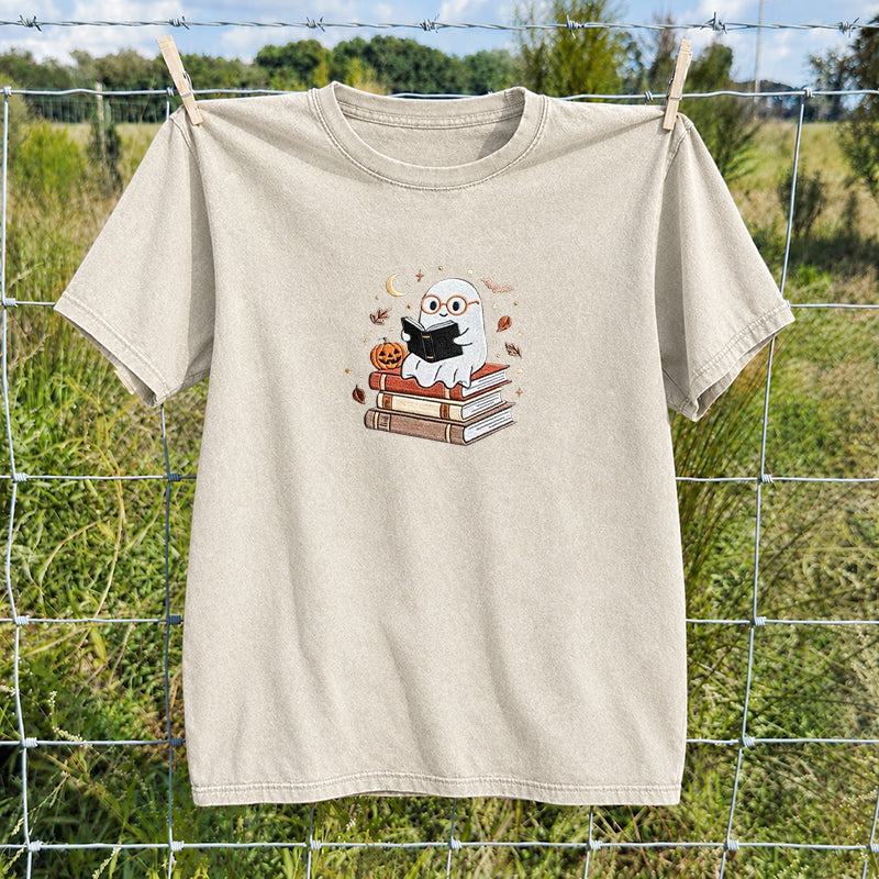 Embroidered Ghost Reading Books Washed Crew Neck T-Shirt