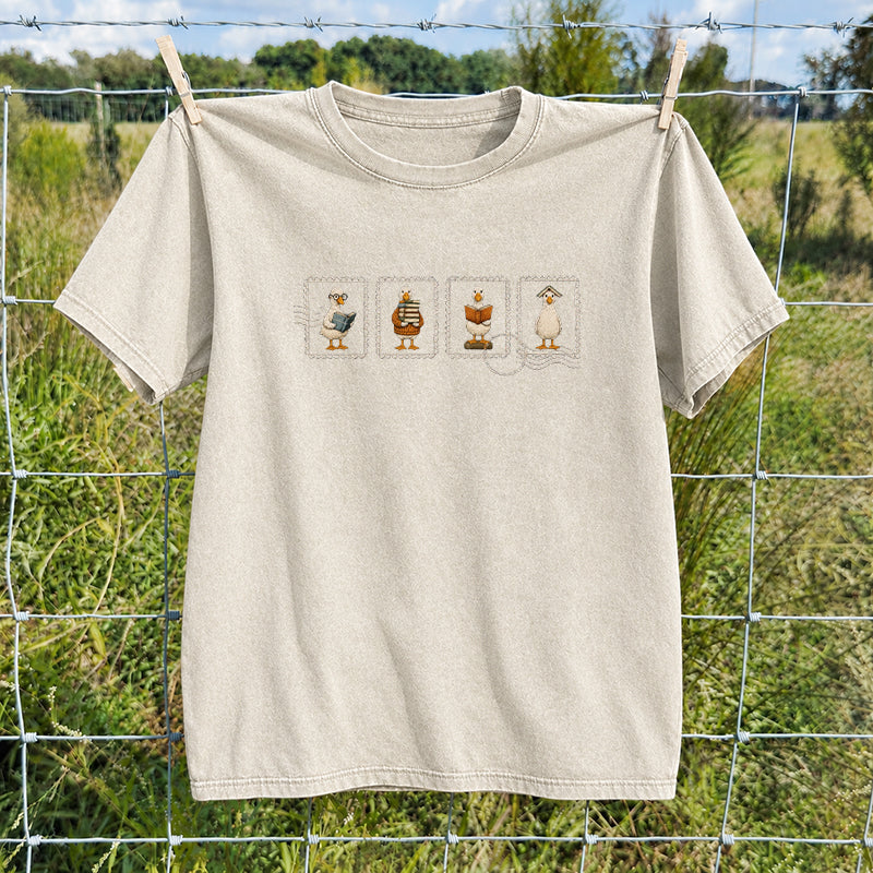 Embroidered Silly Goose Reading Washed Crew Neck T-Shirt