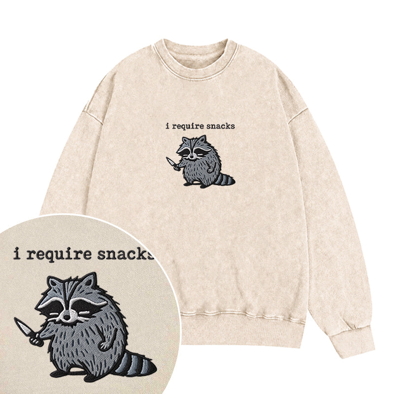 Embroidered Raccoon I Require Snacks Washed Crewneck Sweatshirt