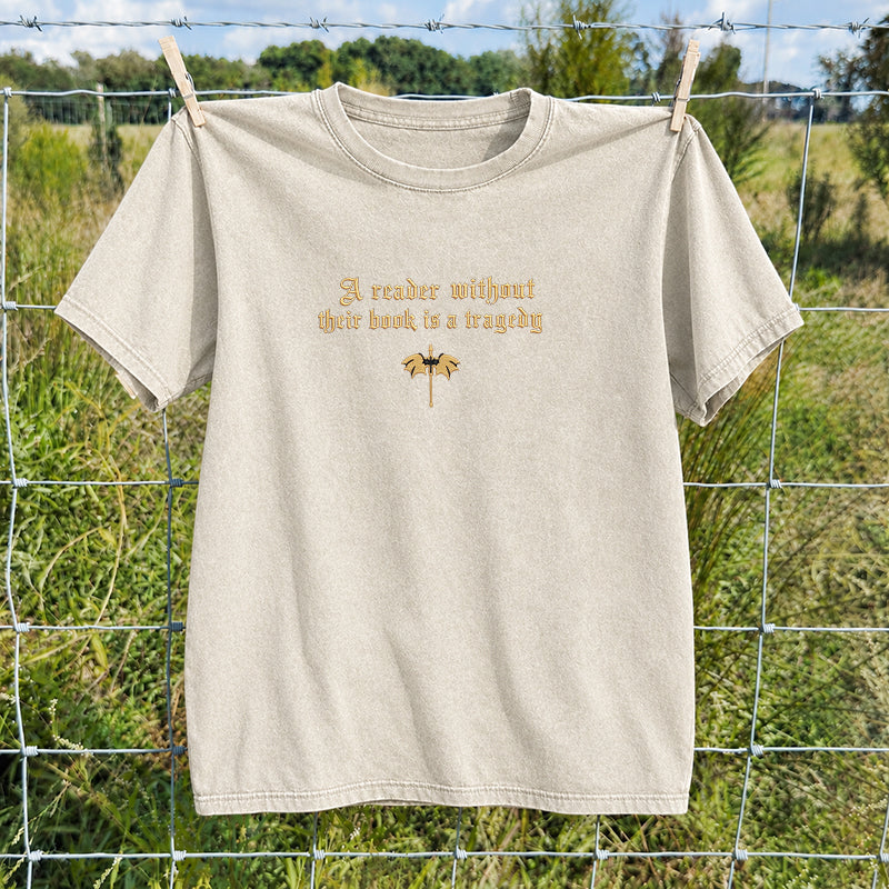 Embroidered Dragon Rider Book Lover Washed Crew Neck T-Shirt