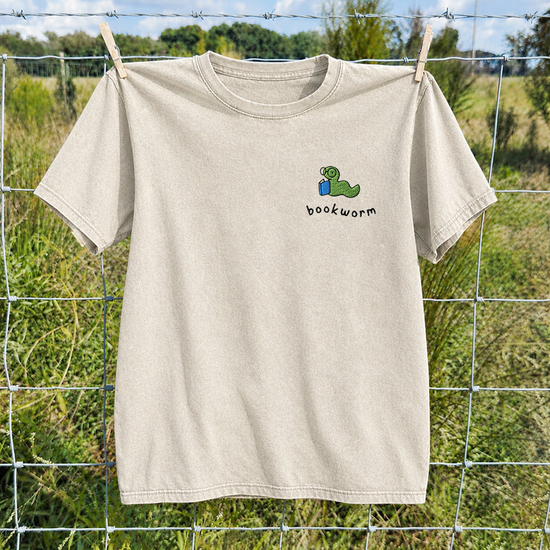 Embroidered Bookworm Washed Crew Neck T-Shirt