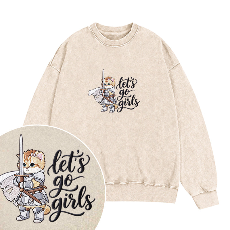 Embroidered Let's Go Girls Knight Cat Washed Crewneck Sweatshirt