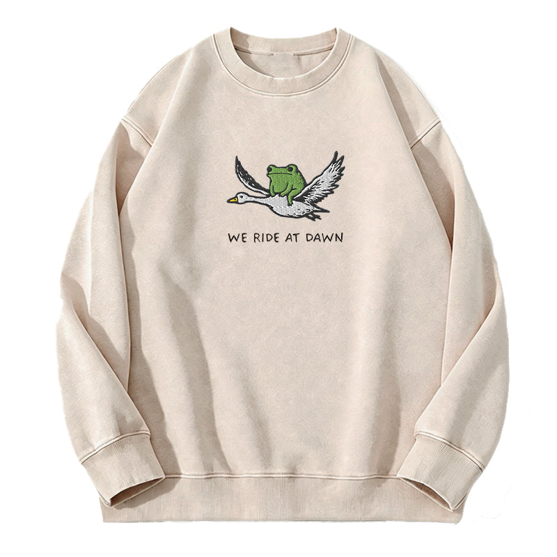 Embroidered We Ride At Dawn Frog Washed Crewneck Sweatshirt