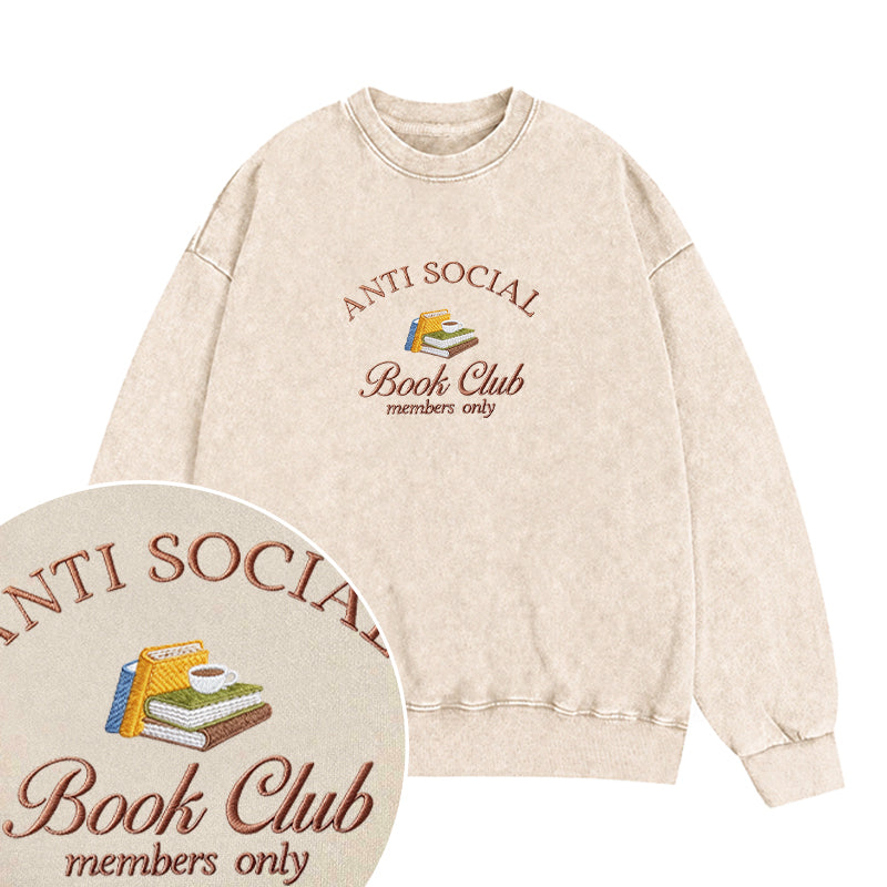 Embroidered Anti Social Book Club Washed Crewneck Sweatshirt