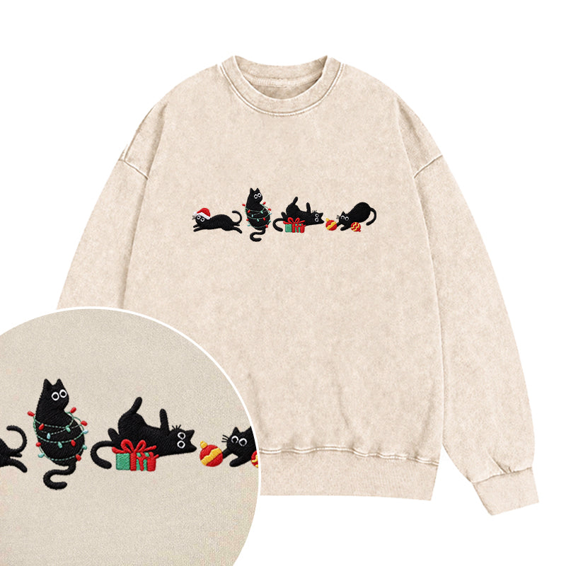Embroidered Black Cat Christmas Washed Crewneck Sweatshirt