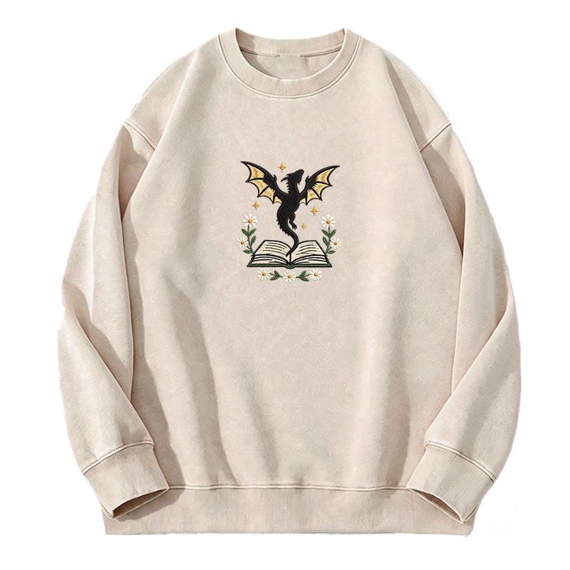 Embroidered Dragon Floral Book Washed Crewneck Sweatshirt