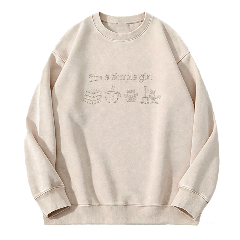Embroidered Simple Girl Book Coffee Plant Washed Crewneck Sweatshirt