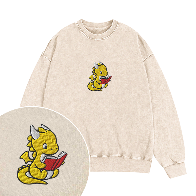 Embroidered Dragon Reading Books Washed Crewneck Sweatshirt