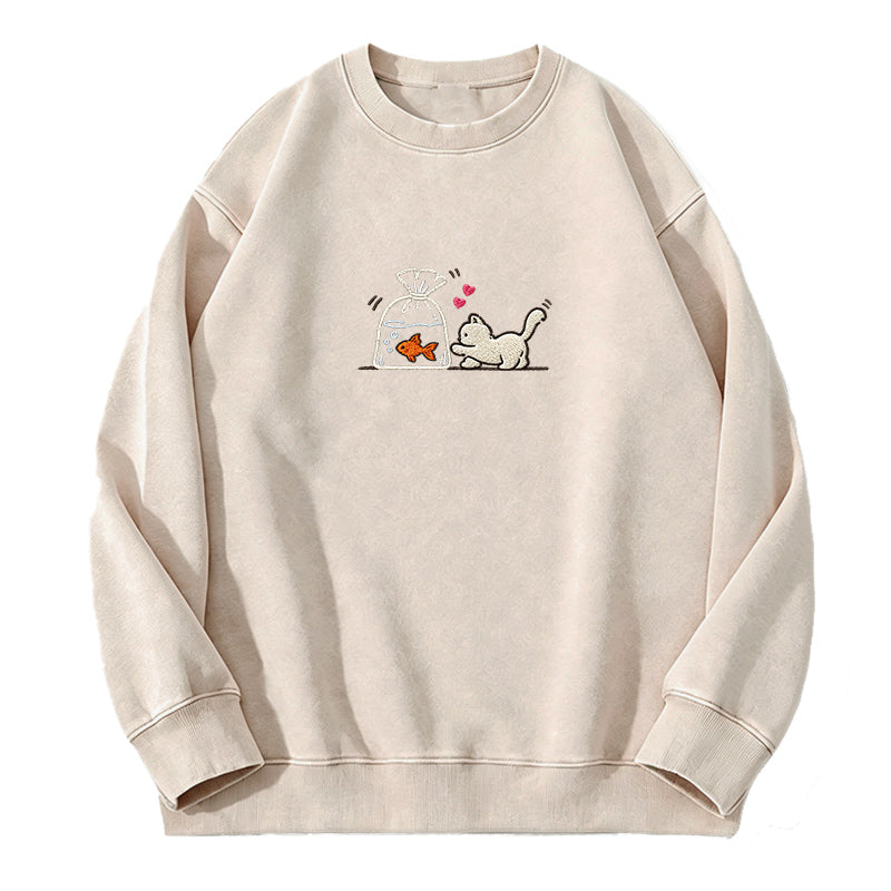 Embroidered Cute Cat Goldfish Washed Crewneck Sweatshirt