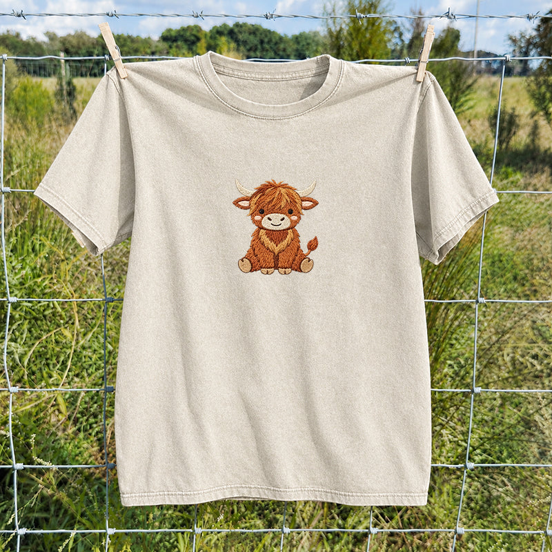 Embroidered Highland Cow Washed Crew Neck T-Shirt