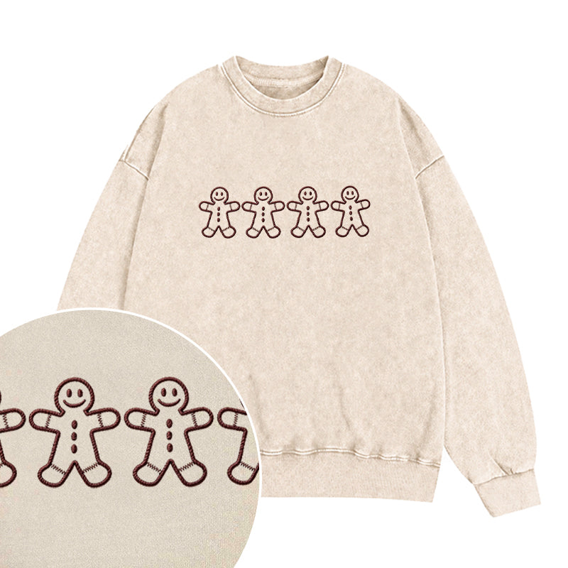 Embroidered Gingerbread Men Christmas Washed Crewneck Sweatshirt