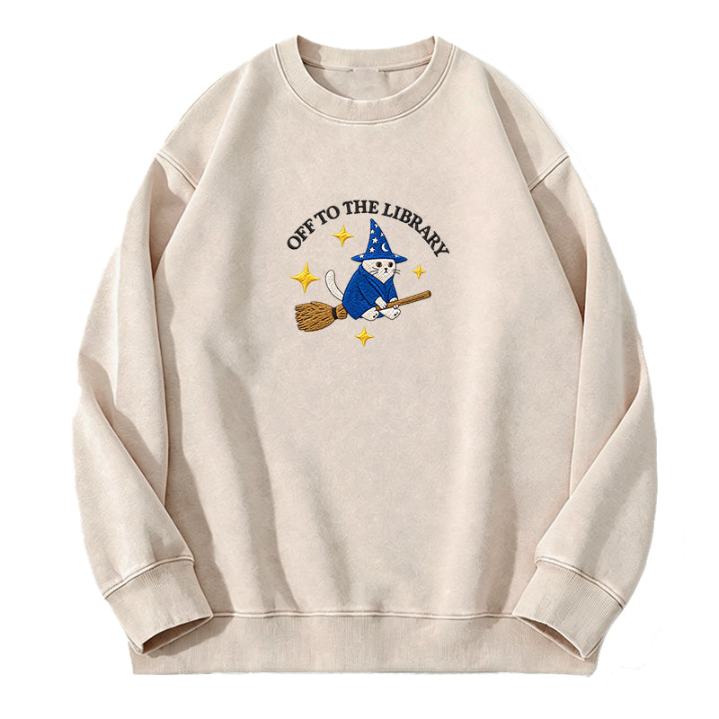Embroidered Cat Off To The Library Washed Crewneck Sweatshirt