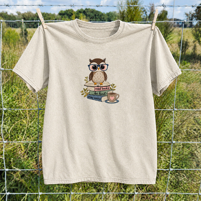 Embroidered Read Books Be Kind Owl Washed Crew Neck T-Shirt