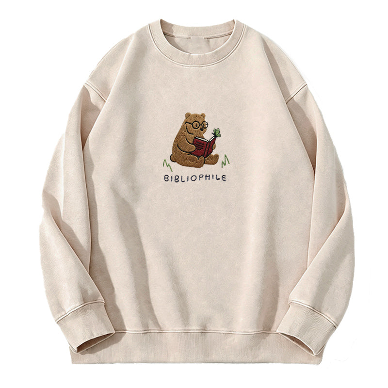 Embroidered Reading Bear Washed Crewneck Sweatshirt