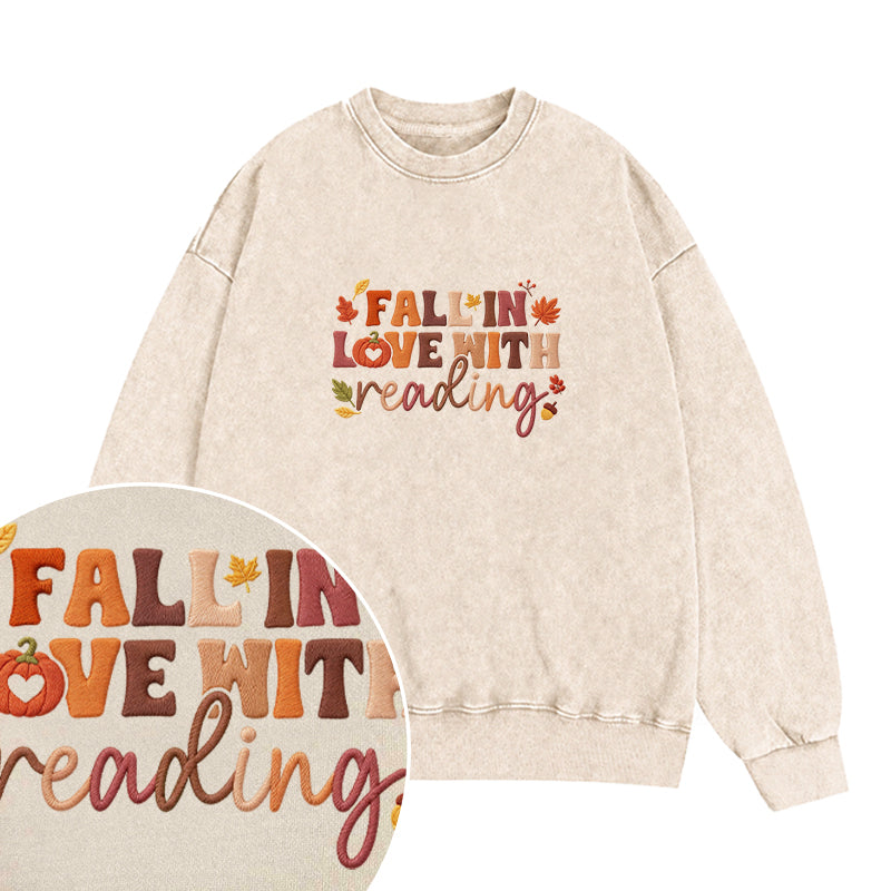 Embroidered Fall In Love With Reading Washed Crewneck Sweatshirt