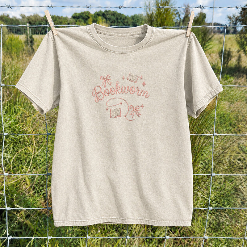 Embroidered Funny Bookworm Washed Crew Neck T-Shirt