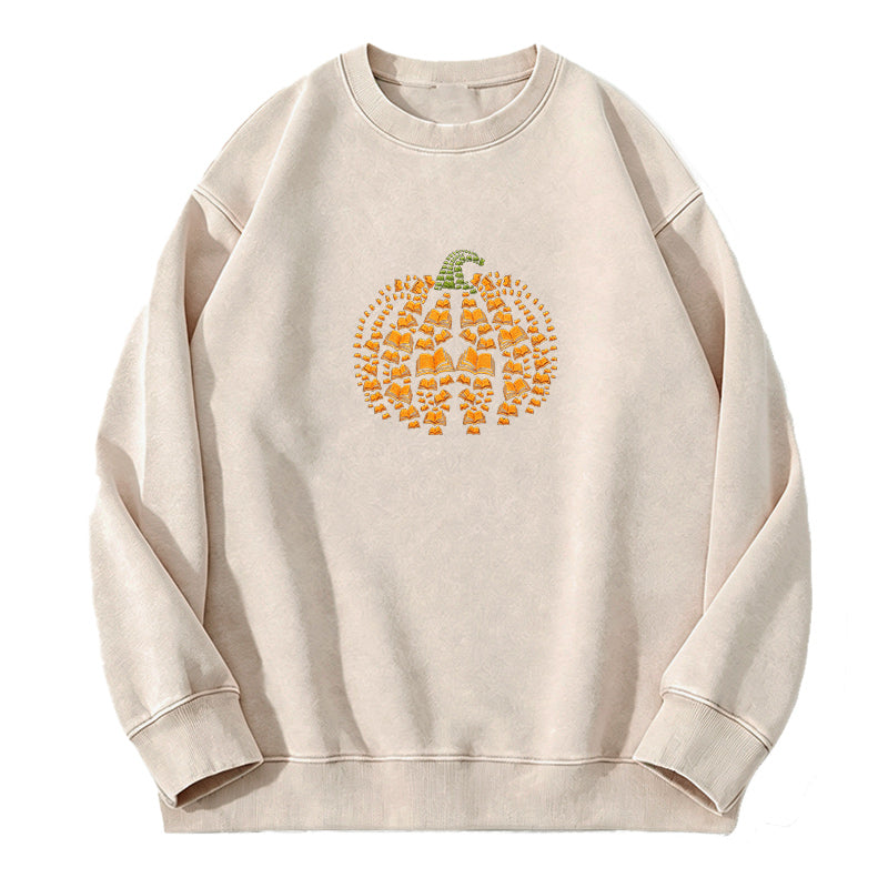 Embroidered Book Pumpkin Washed Crewneck Sweatshirt