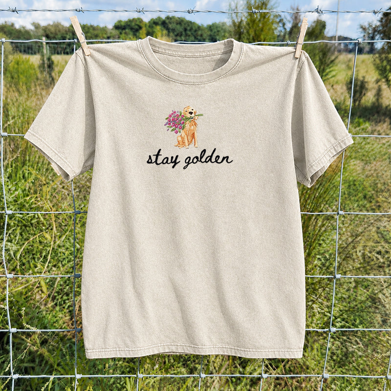 Embroidered Stay Golden Washed Crew Neck T-Shirt