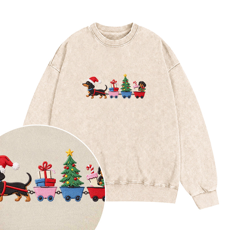 Embroidered Christmas Dachshund Washed Crewneck Sweatshirt