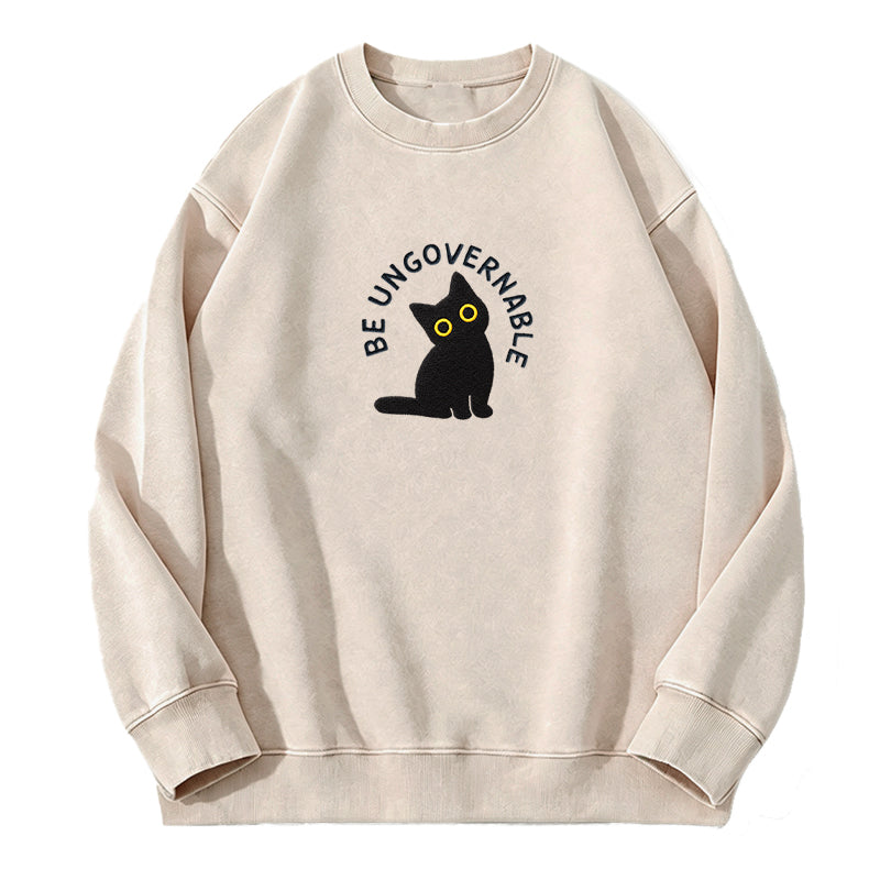 Embroidered Be Ungovernable Black Cat Washed Crewneck Sweatshirt