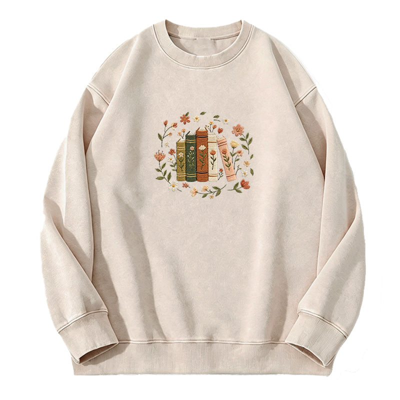 Embroidered Floral Book Stack Washed Crewneck Sweatshirt