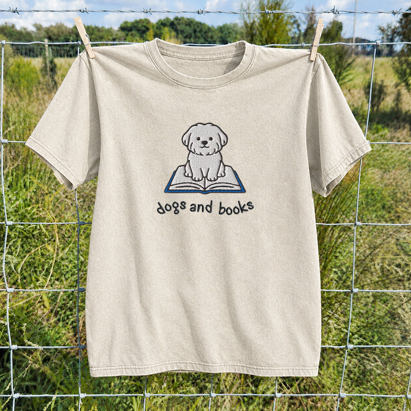 Embroidered Dogs and Books Washed Crew Neck T-Shirt