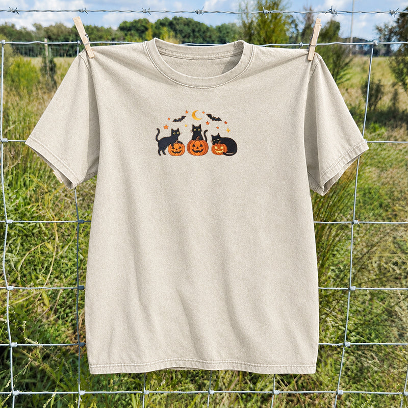 Embroidered Black Cats and Pumpkin Halloween Washed Crew Neck T-Shirt