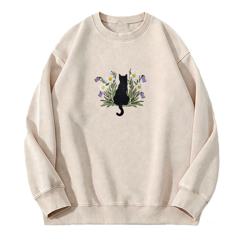 Embroidered Black Cat Flower Washed Crewneck Sweatshirt