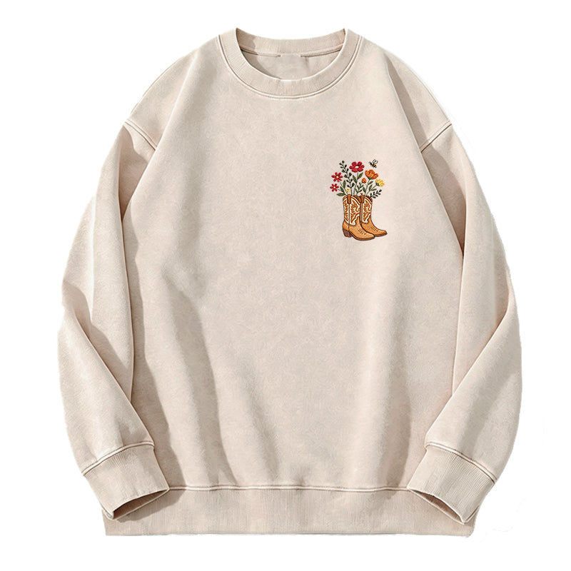 Embroidered Flower Cowboy Boots Washed Crewneck Sweatshirt