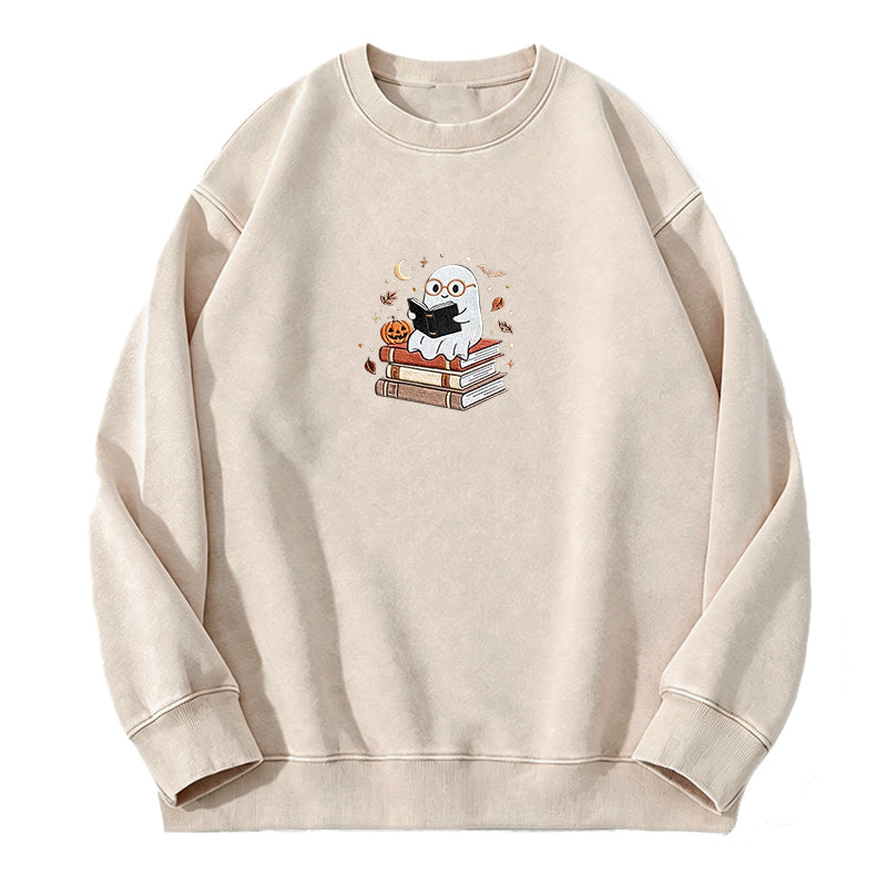 Embroidered Ghost Reading Books Washed Crewneck Sweatshirt