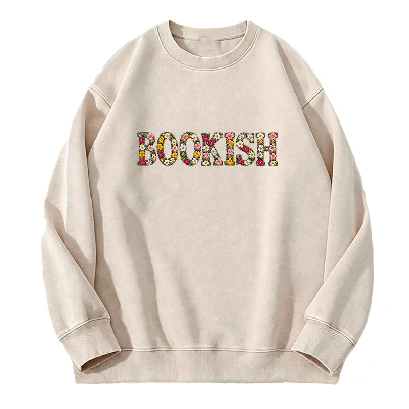 Embroidered Floral Bookish Washed Crewneck Sweatshirt