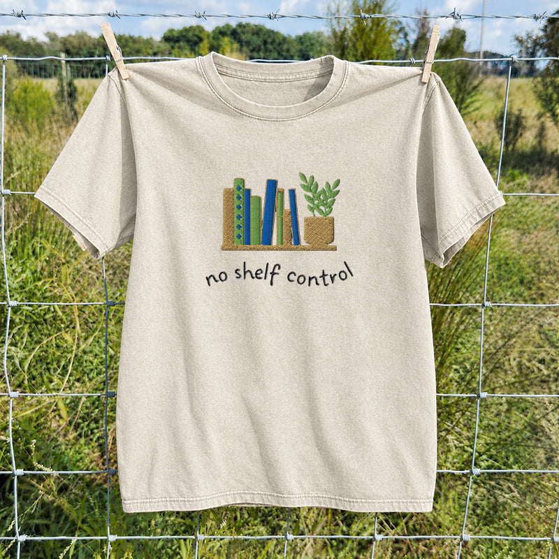 Embroidered No Shelf Control Book Washed Crew Neck T-Shirt
