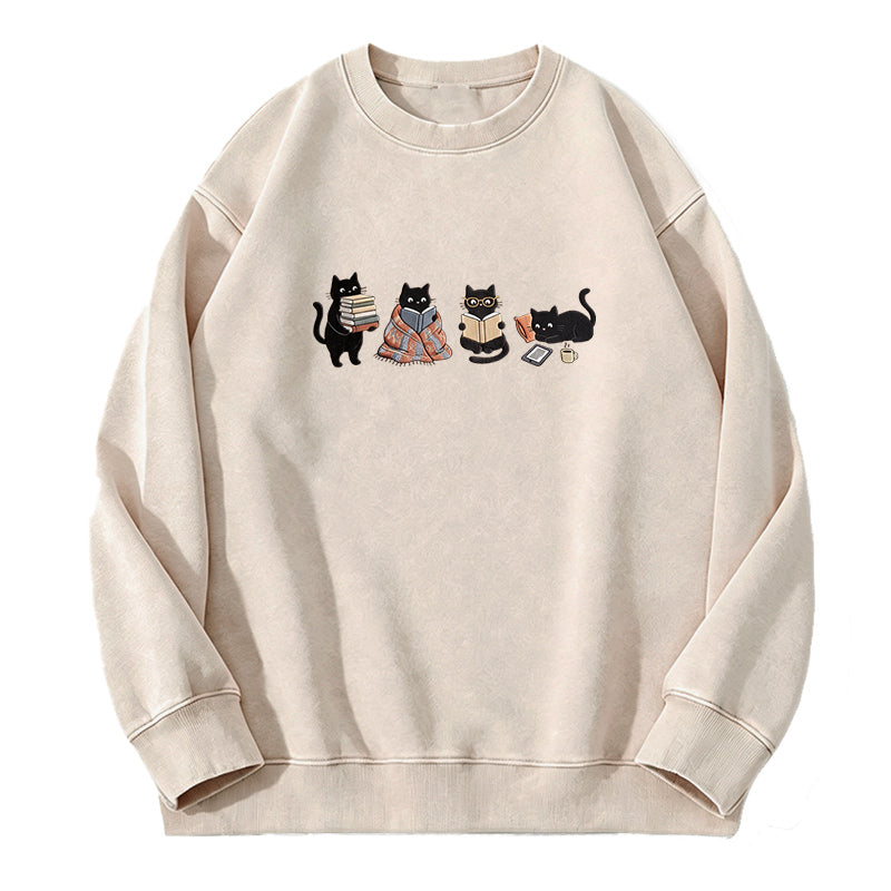 Embroidered Reading Black Cat Washed Crewneck Sweatshirt