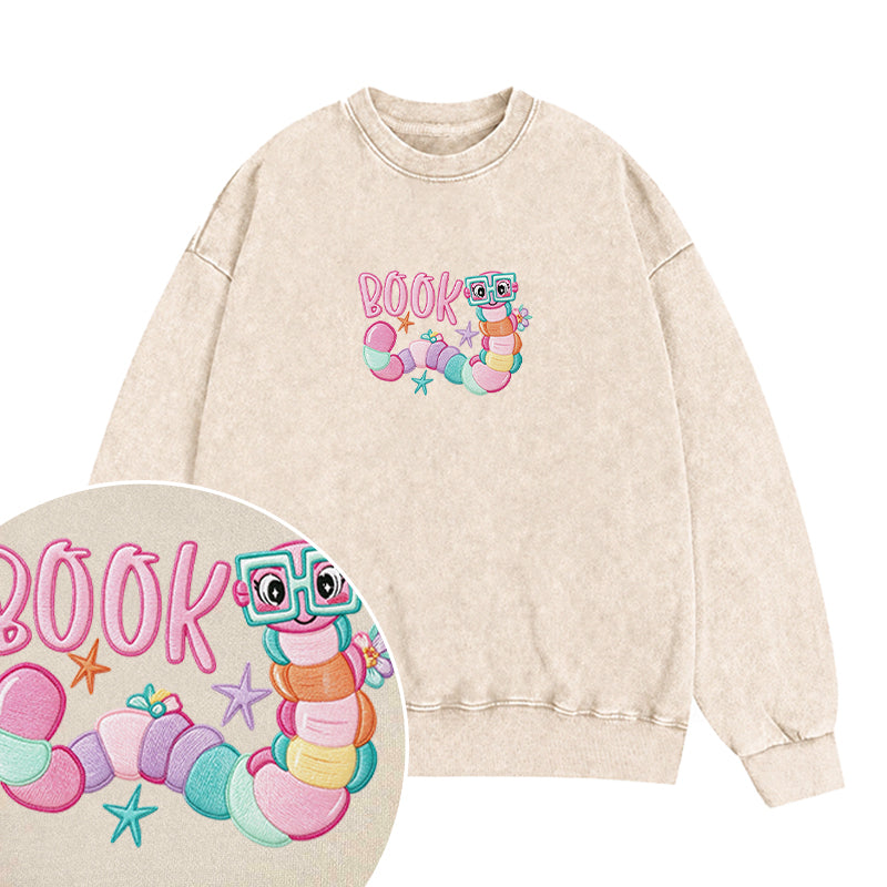 Embroidered Reading Book Worm Washed Crewneck Sweatshirt
