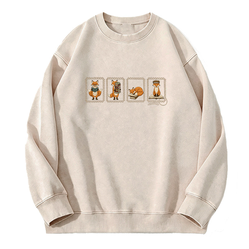 Embroidered Bookish Fox Washed Crewneck Sweatshirt