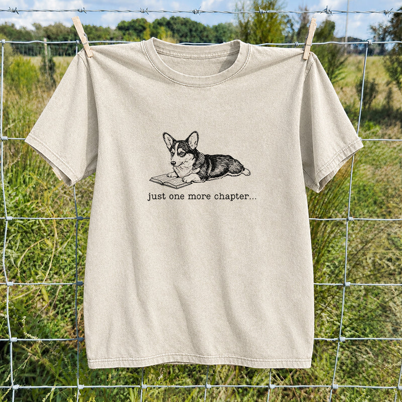 Embroidered One More Chapter Corgi Washed Crew Neck T-Shirt