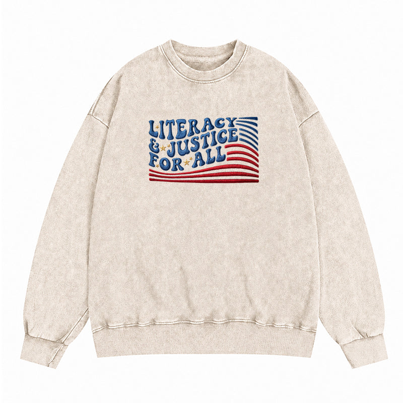 Embroidered Literacy And Justice For All Washed Crewneck Sweatshirt
