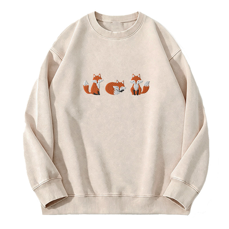 Embroidered Three Fox Washed Crewneck Sweatshirt