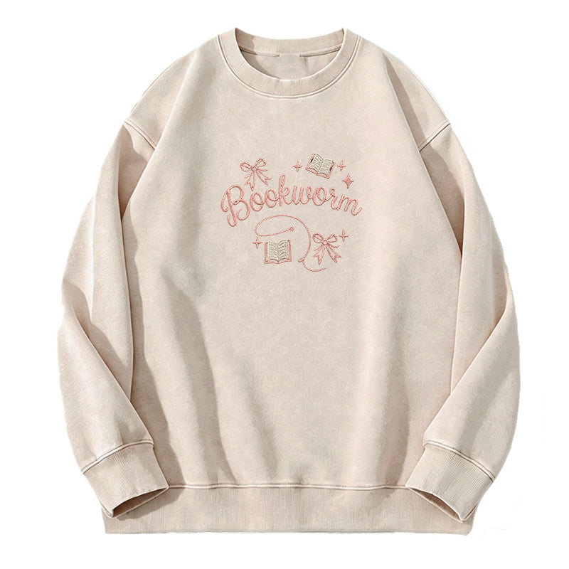 Embroidered Funny Bookworm Washed Crewneck Sweatshirt