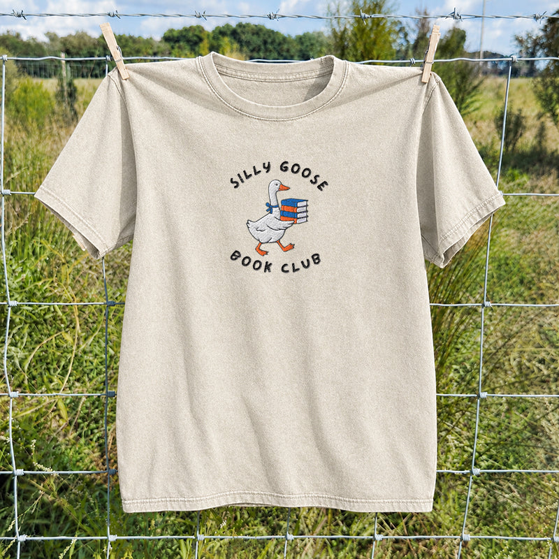 Embroidered Silly Goose Book Club Washed Crew Neck T-Shirt