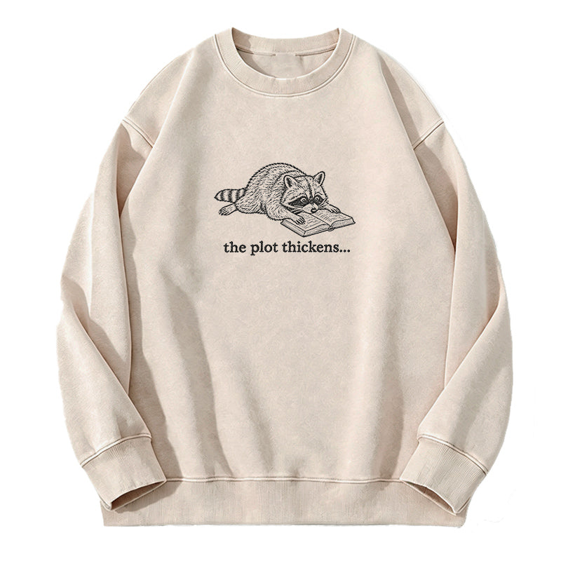 Embroidered The Plot Thickens Reading Raccoon Washed Crewneck Sweatshirt