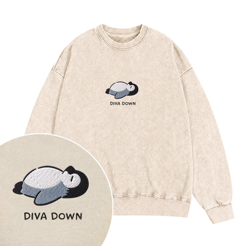 Embroidered Diva Down Penguin Washed Crewneck Sweatshirt