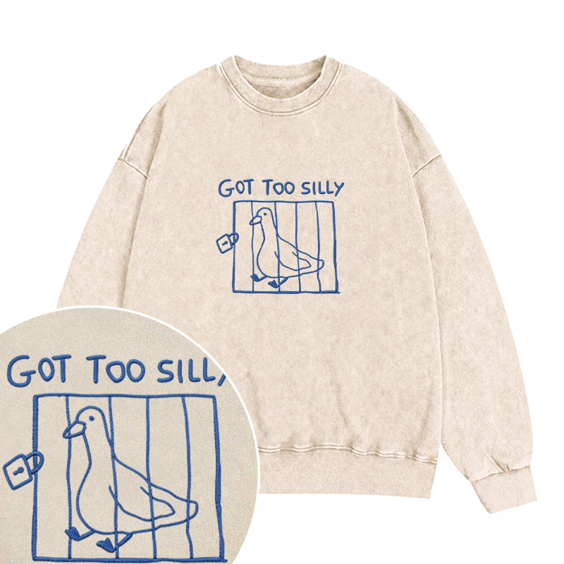 Embroidered Goose Got Too Silly Washed Crewneck Sweatshirt