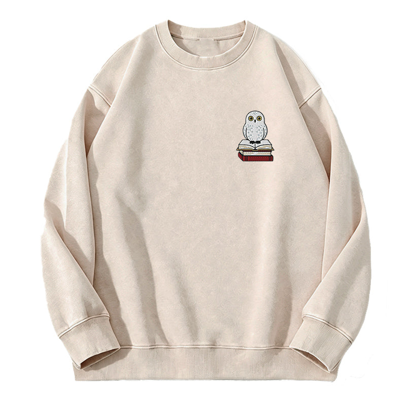 Embroidered Snow Owl On Bookstack Washed Crewneck Sweatshirt