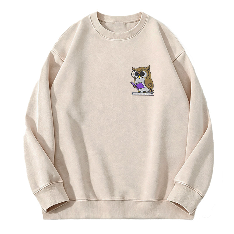 Embroidered Owl Reading Washed Crewneck Sweatshirt