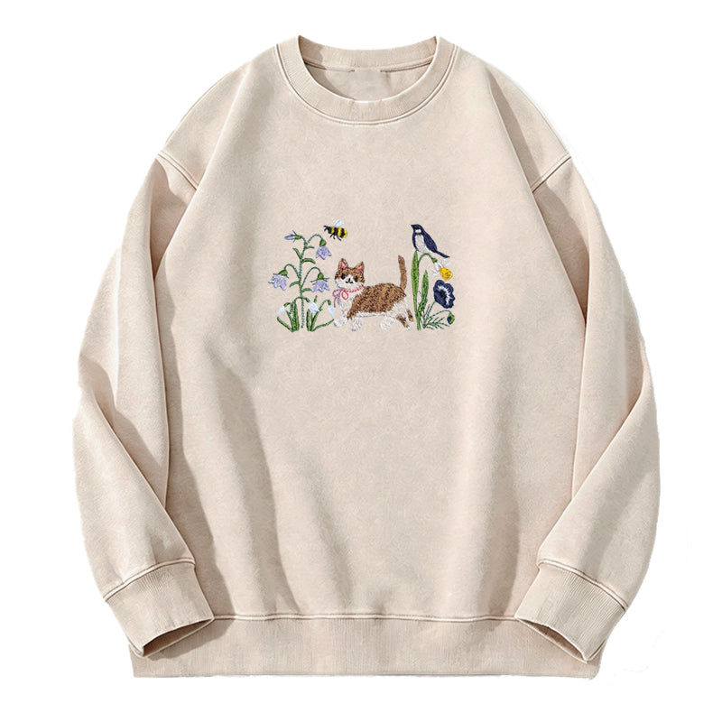 Embroidered Cat Wild Flower Washed Crewneck Sweatshirt