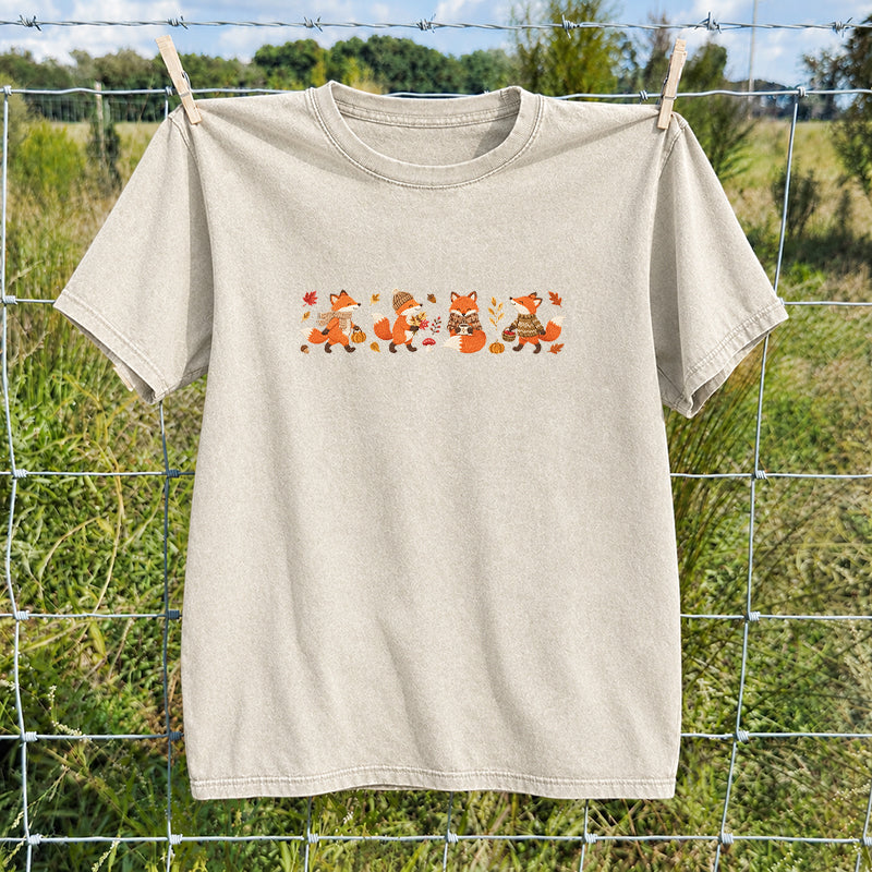 Embroidered Fall Fox Washed Crew Neck T-Shirt