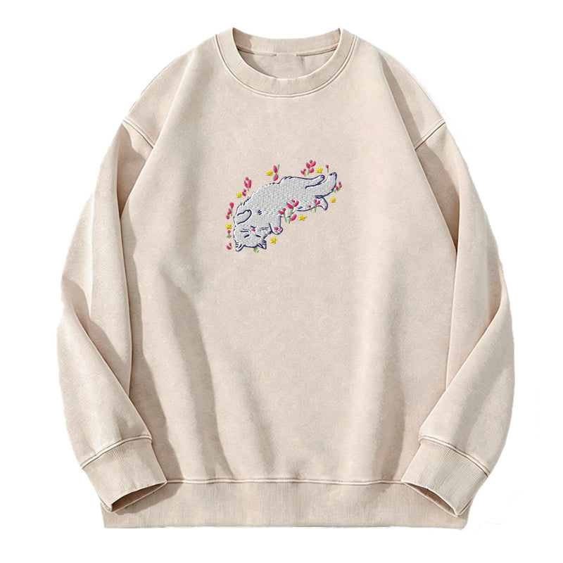 Embroidered Floral Playing Cat Washed Crewneck Sweatshirt