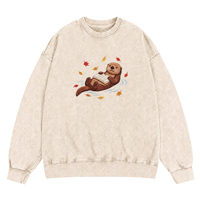 Embroidered Otter Reading Book Washed Crewneck Sweatshirt